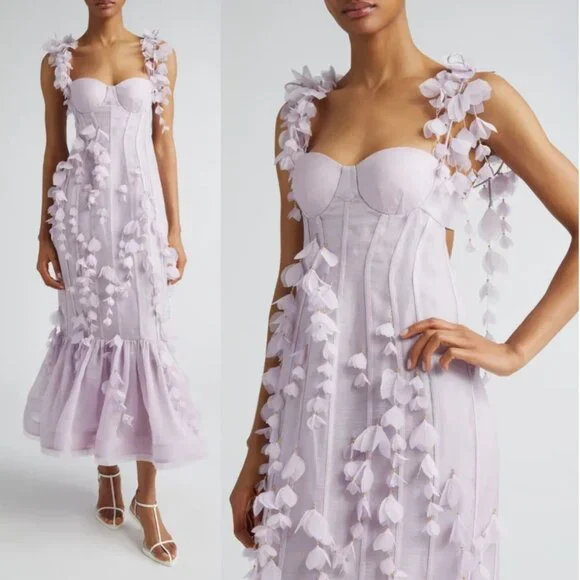 Zimmermann Botanica Petal Floral Applique Lilac Purple Silk Linen Bustier Gown - Picture 3 of 17